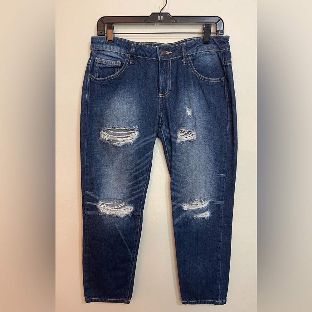 Cello Jean Dark Wash Mid Rise Ankle Skinny Distressed Size 5.